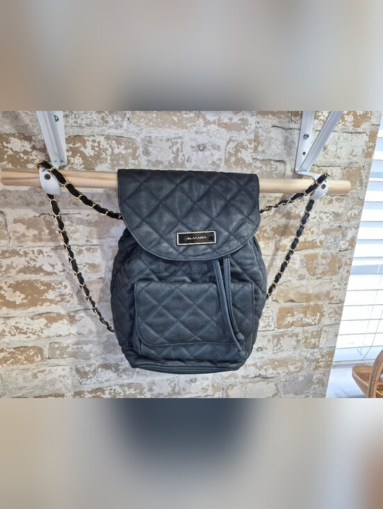de MARIA Black Quilted Leather Drawstring Backpack with Gold Chain Straps main image 6